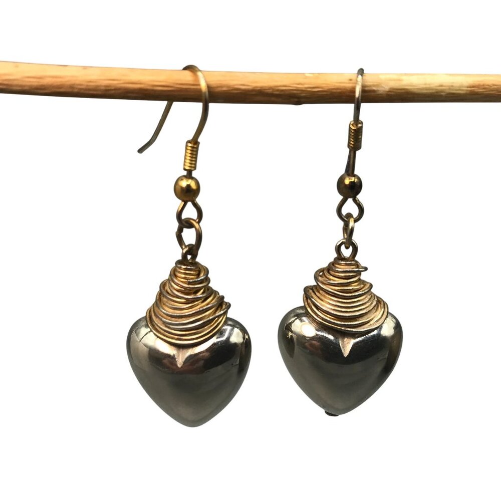 Sterling Silver Puffy Heart Earrings, Vintage Dangle Topped with Gold Tone Wire